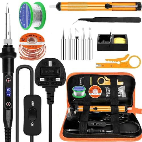 Soldering Iron Kit 80W Ceramic Heating, LCD Adjustable Temperature 180-500°C, 13in1 Welding Tool with Switch Solder Wire, Solder Wick, 5 Soldering Tips, Desoldering Pump, Wire Stripper, Stand, Tweezer