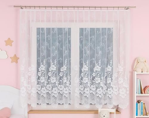 Gardinen Vorhangen Tenda Bianca in Jacquard 250x150 cm (LxA) con Arricciatura Pronta da Appendere per Clips Ganci o Rullini Motivo Floreale Tenda Lunga o Corta