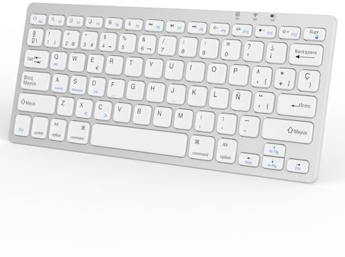 Teclado Bluetooth Español, Light Teclado Inalámbrico Portátil para iPhone de iOS, iPad, Samsung, Lenovo, Huawei, Android, Windows, Compatible, Estilizado y Portátil, Easy-Switch, Blanco Plateado