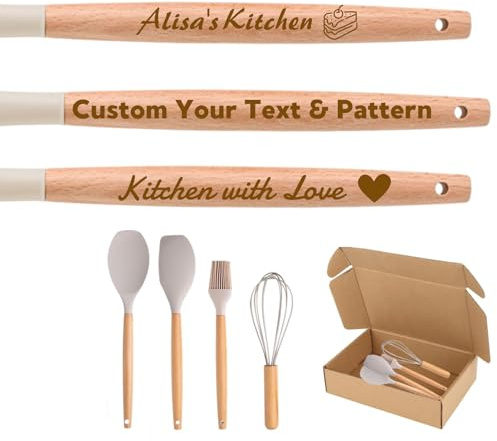 Custom Engraved Wooden Handle Silicone Spatula Set with Gift Box - Personalised with Name/Text for Baking, Cooking, BBQ - Ideal Wedding, Birthday, Corporate Gift for Home Chefs