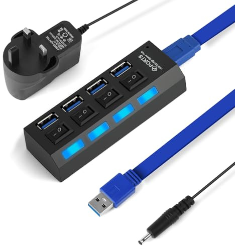 OFFCUP Powered USB 3.0 Hub, 4 Port USB Hub Splitter, 52CM Cable(1.7ft) | Portable USB Adapter Multiport Expander with Individual Switch & Lights for PC Laptop Xbox Flash Drive HDD Console Keyboards