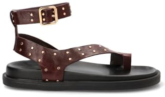 Etika Sandalias Planas de Dedo para Mujer, Calzado Casual con Tachuelas Decorativas y Pulsera al Tobillo, Zapatos de Verano con Suela Chunky, Modelo 812037 Chocolate - 36