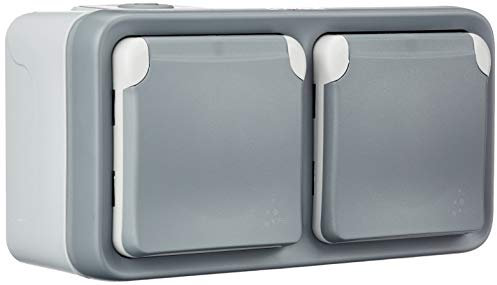 LEGRAND, Plexo Classic Feuchtraum-Aufputz-Schutzkontakt-Steckdose, 2-fach (SL), horizontal, vorverschient, 16 A/250 V, IP44 - IK07, grau, 069742