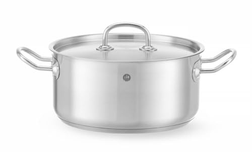 HENDI Kochtopf, Niedrig, mit Deckel, geeignet für alle Herdarten, flacher Boden, kühl bleibende Griffe, Induktionskochtopf, Bratentopf, Fleischtopf, 4,9L, ø240x(H)110mm, Edelstahl, Aluminium
