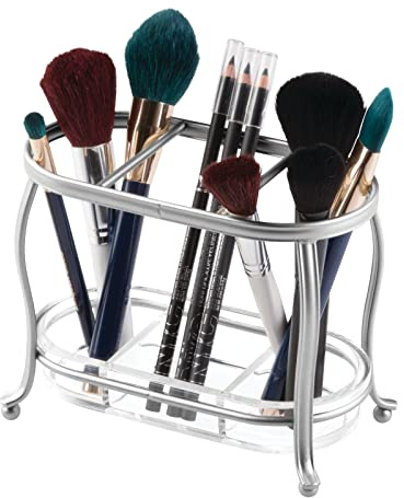 mDesign Make up Organizer für den Waschtisch oder Spiegelschrank – Schminkaufbewahrung aus Metall und Kunststoff – Pinselhalter mit 3 Bereichen und entfernbarer Ablage – silberfarben und durchsichtig