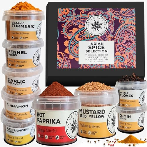 Nature Kitchen Indian Spice Box – 9 Essential Spices in Airtight Jars | Garam Masala, Cumin, Turmeric, Chilli, More | Gift Set for Curry Lovers & Home Cooks