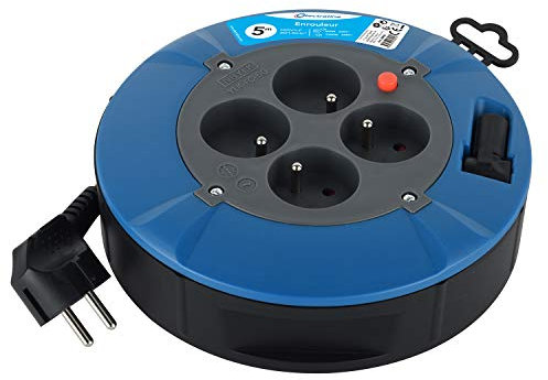 Electraline 28905 Enrouleur Rallonge Ménager Domestique avec 4 Prises 16A, Câble 5M-Section 3G1 mm², Blue