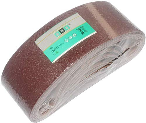 HKB Gewebe-Schleifbänder, 75x533mm, K 40, 10 Stück | für Bandschleifgeräte, Profi-Qualität, Holz, Metall, verschiedene Oberflächen