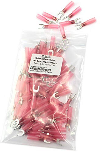 50 capicorda a forcella in rosso, 0,5 – 1,5 mm2, diametro foro M8 AWG 22 – 16 con guaina termoretraibile e colla interna, terminale di collegamento, capicorda cavo connettore in rame stagnato.