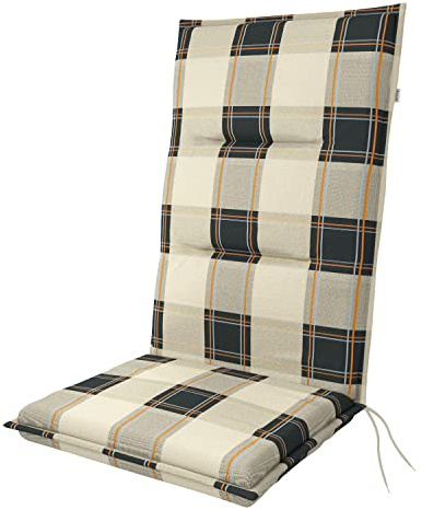 Doppler Hochlehner-Auflage Spot 118x48x5 cm – Weiches Gartenstuhl-Polster | Beige Grau Kariert | Komfortable Sitzauflage mit Bindebändern für Balkon, Terrasse & Garten | Sitzauflage Gartenstuhl mit hoher Lehne, 5cm dickes Sitzpolster mit Bändern, Baumwoll-Polyester-Mix, Made in Europe