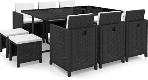 Gecheer 11-TLG. Gartenmöbel Set Garten Essgruppe mit Auflagen Polyrattan Sitzgruppe Terrassenmöbel Sitzgarnitur Gartengarnitur Lounge-Set aus Esstisch mit Glas-Tischplatte, Stühle und Hocker Schwarz