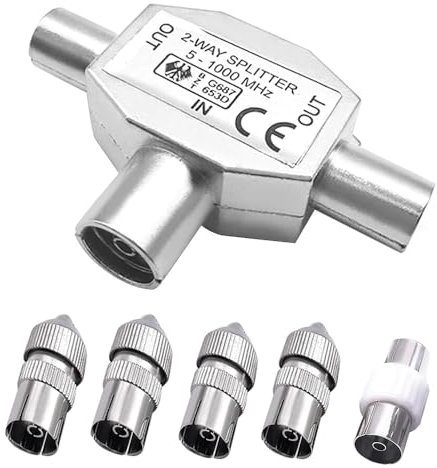 WANGCL Splitter per antenna TV a 2 vie, splitter coassiale, da 1 a 2 canali satellitari, con adattatore antenna maschio a femmina, spina RF TV
