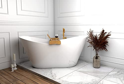ECOLAM Baignoire autoportante Viya 160x70 cm | Plateau en Bambou | Vidage Click Clack | Design en fonte minérale | Baignoire îlot glamour blanc
