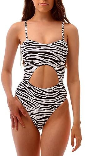 ROCK-IT Apparel Costume da Bagno Donna I Monokini Intero con Ritaglio in Fantasia zebrata I Cinghie di Spaghetti Regolabili I Vita Alta I Cuscinetti Push up [S-XXL] Costumi da Bagno Premium L