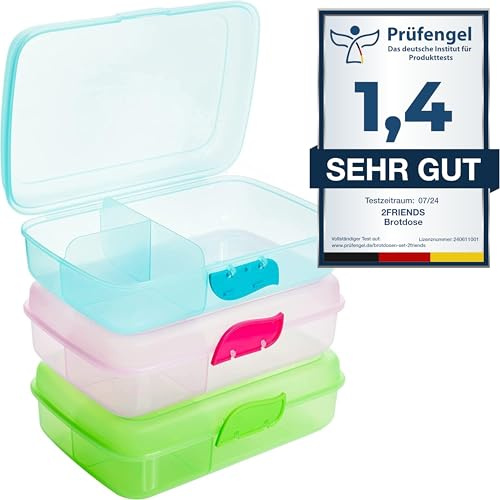 2friends Brotdose Kinder mit Fächern 3er Set, Brotdosen mit Trennfächern BPA-frei, Brotzeitbox Jausenbox Vesperbox, Clickverschluss, mit 3 Trennfächern, 100% Recyclebar