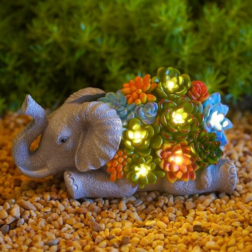 Goodeco Elefanten Statue Solar Garten Deko Wasserdichtes Harz Elefantenstatue mit Sukkulenten 6 LED Solar Lichter Dekorationen für Haus Garten, Rasen Elefanten Geschenk für Damen/Mütter/Weihnachten