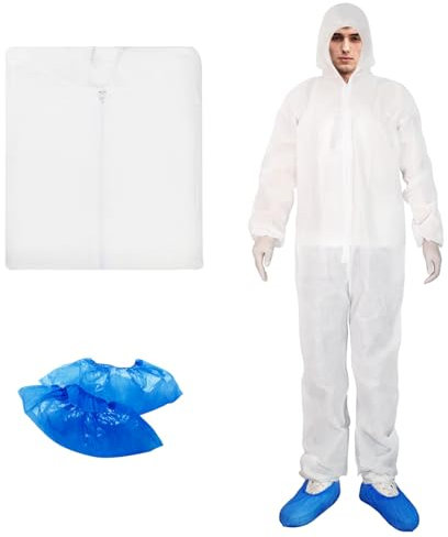 ETERNA Hazmat Suits Einweg-Schutzanzüge mit Schuhüberzügen für Damen und Herren, schützt vor Schmutz, Staub, Farbe, 5 Stück, Weiss/opulenter Garten, L-1pack