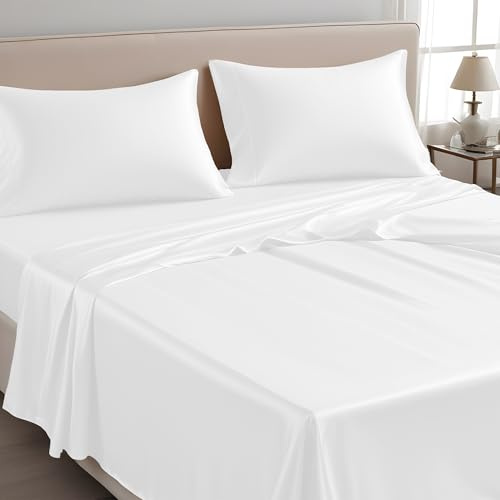 LINENWALAS Sábana encimera SuperKing únicamente, 100% Tencel seda suave refrescante, sábana superior Lyocell, ropa de cama perfecta para cabello y piel 300×275 CM (Blanco, SuperKing)