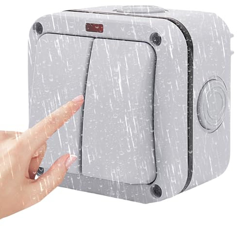 Sporgo Interruttore universale resistente alle intemperie, doppio interruttore: 20 A, IP66, impermeabile, con interruttore indipendente e spia di controllo, grigio, interruttore esterno della luce per
