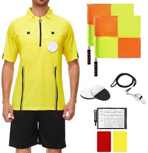 Fußball-Schiedsrichter-Set, Profi-Fußball-Schiedsrichter-Shirt, Trikot, Shorts, Trainerpfeife, Schiedsrichterflaggen und Karten, Schiedsrichteruniform, Sportzubehör für Erwachsene, Teenager, Gelb, XXL