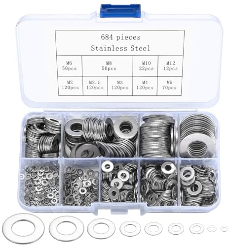 684 x Unterlegscheiben Set, Beilagscheiben, Edelstahl Unterlegscheiben Türscharnier, Flache Unterlegscheiben Sicherungsscheiben Sortiment Set, Metallscheiben M2 M2.5 M3 M4 M5 M6 M8 M10 M12(684 Silber)