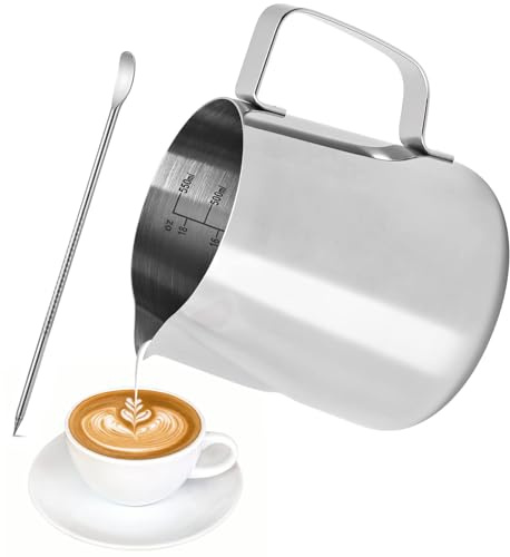 FIOUSY Melkkannetje van roestvrij staal, vrijstaande koffie, melkkannetje, kan, beker met maat Mark en Latte Art Pen, Milk pitcher karaffen voor (600 ml)