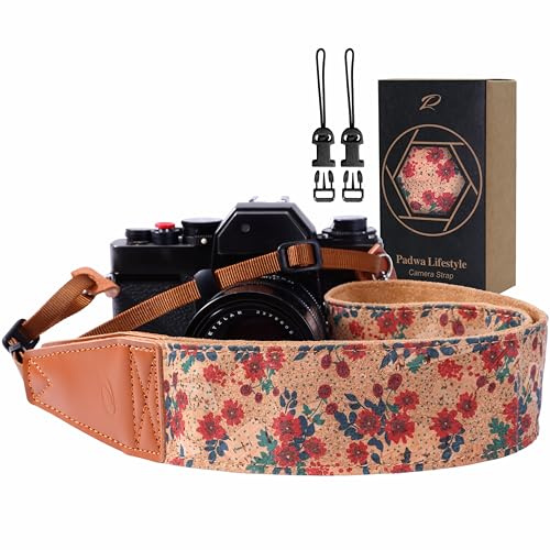 Padwa Lifestyle Cork Camera Strap - 2 Top Layer Cowhide Head Camera Straps for Photographers,Natural Log Crackle Art Print Style,Soft Chamois Velvet Padded Strap Quick Release fits All Cameras