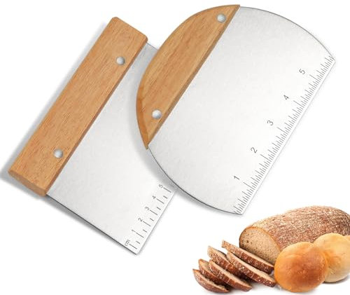 2 Stück Teigschaber Edelstahl, Teigschaber mit Holzgriff, Teigkarte, Küchenschaber, Lebensmittelqualität Teigschneider, Küchenspachtel, Gebäckschaber für Brotschneiden, Kuchen, Pizza