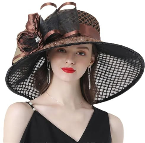 Fascinator-Hut für Hochzeit, Braut, Kirchenhut, Blumenhut, große breite Krempe, Fedora-Hut, Brauner Fedora, M (58-60CM)
