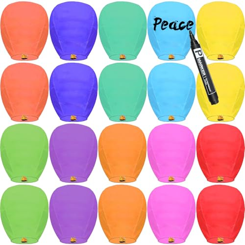 20 Packs Chinese Lantern Multi-Colour, Floating Sky Lanterns, Biodegradable Memorial Fire Resistant Paper Wishing Lanterns to Release in Sky for Parties and Festivals, Flying Fire Lanterns