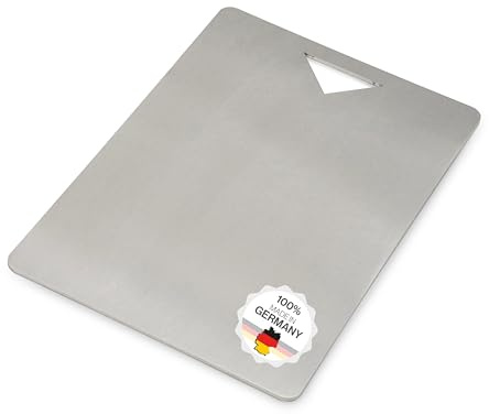 Edelstahl Schneidebrett - Für Fleisch, Fisch & Gemüse - Hygienisches Schneidbrett Metall - Stahl Brettchen Küche Plastikfrei - Küchenbrett (Mit Griff, 30x20 cm)