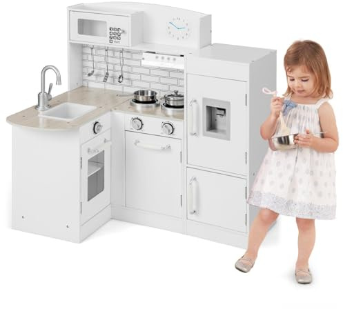 HOMASIS Cucina per Bambini con Suoni, Giocattolo con Lavandino, Fornello, Forno, Frigorifero, Legno ad Angolo per Bambini dai 3+ Anni (65 × 86 × 85 cm)