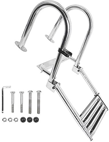 4 Step Telescoping Pontoon Ladder for Swimming Pool and Marine Boat Rear Entry with Inboard Handrail and Wide Pedal Supports up to 330lbs