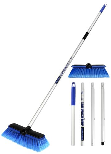 ZimiTeda PBT Car Wash Brush with Long Handle 10'' Larger Soft Bristle Brush Head Rubber Bumper for Vehicle Wheel RV SUV Boat Truck Solar Panel Deck Washing, 60'' 151cm