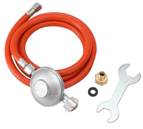 TABODD Gasregler Druckminderer 30mbar+Gasschlauch 150 cm, Druckminderer Gas 1/4 Linksgewinde, Gasschlauch und Druckregler inkl. Gasanschluss aus Messing