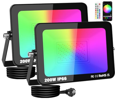 RIGIDON 2 x 200 W RGB Smart LED-spotlight, 20000LM Smart RGBW strålkastare projektor med APP-styrd, vattentät flerfärgat översvämningsljus inomhus och utomhus för trädgård scenfest
