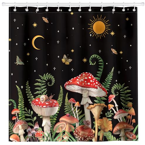 Arquiel Duschvorhang Boho Pilze Waschbar 182x182 cm Polyester Badezimmervorhang Dekor für Bad Dusche Badezimmer mit 12 Ösen und Ringen