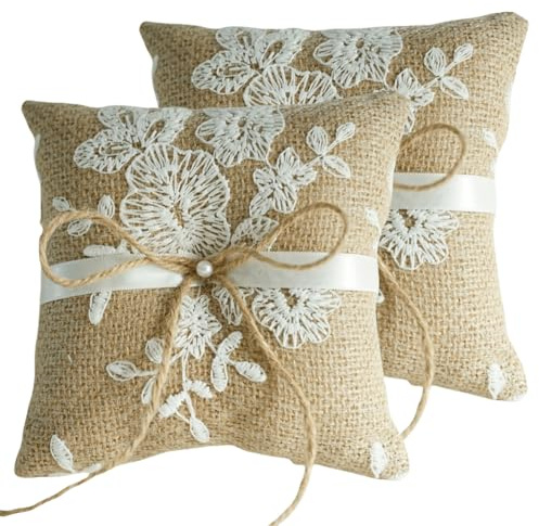 QIRMIZI 2PC Vintage Rustic Burlap Ring Bearer Pillow - Elegant Fall Wedding Décor with Lace, Bow, and Embroidered Flower Ribbon