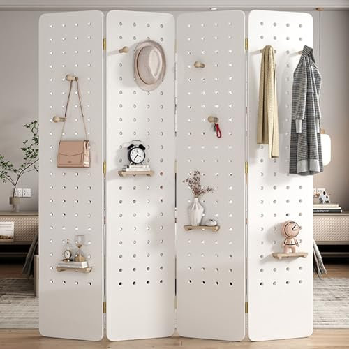 Wooden Peg Boards Room Divider Screens 4 Panel Japanese Folding Wall Seperators with Hooks & Shelf for Entryway/Bedroom/Living Room Privacy Partition 71'' Tall