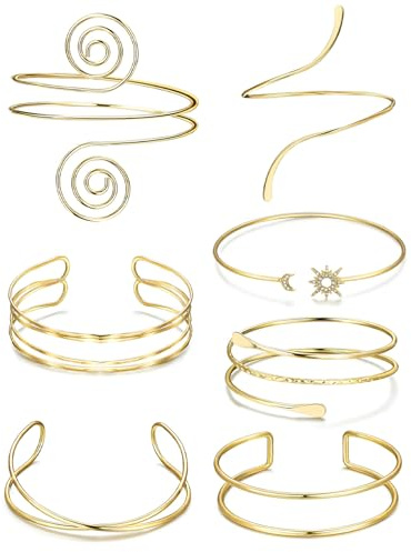 TELAIN 7 Stück Gold Armreif Oberarmreif für Damen, Einstellbare Armreifen aus Hochwertigem Metall, Boho Stil Goldene Armreifen, Perfekt für Partys und Alltag（Stil 4）