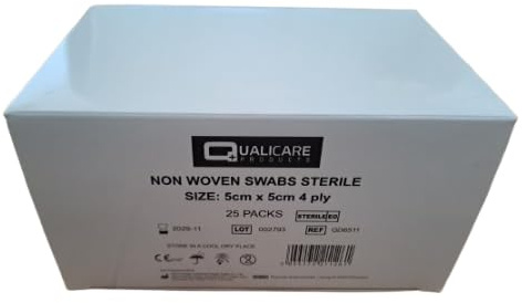Sterile Non-Woven Swabs/Wipes Box of 25 – 5cm x 5cm for Wound Cleaning & First Aid