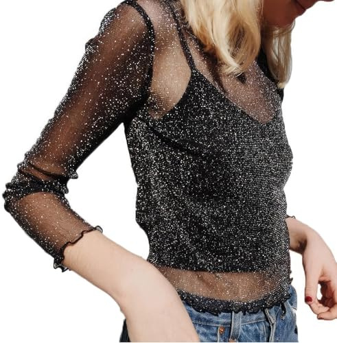 Haut Transparent Femme à Paillettes Noir, Top Maille Tulle Manches Longues Col Rond, Chemisier Sexy Brillant pour Soirée Club Festival Carnaval Tenue Chic, pour Printemps été Automne, L
