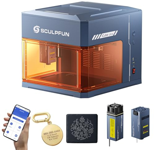 SCULPFUN iCube Ultra Dual 12W Laser Graviermaschine, 12W Diode & 1,2W Infrarot, Vollständig Geschlossener Desktop Laser Cutter für Holz, Leder, Acryl, mit Auto-Fokus & Rauchfilter,150x135mm