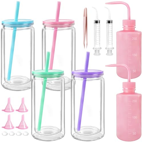 Aruatu 4 Pcs Plastic Snow Globe Tumbler Supplies 16 Oz Double Wall Tumbler Cups with Lid and Straw Including Squeeze Bottle Bent Spout Syringe Tweezers Funnels for DIY Craft Glitter Kit (Colorful)