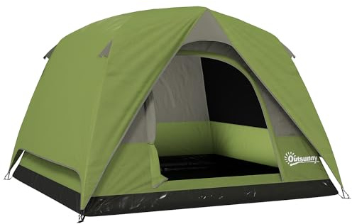 Outsunny Tienda de Campaña para 2-4 Personas Tienda de Camping Plegable con Puerta Ventanas de Malla Bolsillo Gancho y Bolsa de Transporte Impermeable Fácil Instalación para Senderismo Verde y Gris