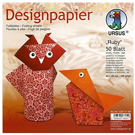 Ursus 22805199 - Designpapier Ruby, 50 Blatt in 10 verschiedenen Motiven, ca. 20 x 20 cm, 100 g/qm, beidseitig bedruckt, ideal zum Falten von kreativen Origami Tieren