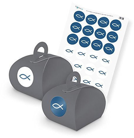 itenga SET Fisch (Motiv 31) 24x Geschenkschachtel mit Griff grau + Stickerbogen