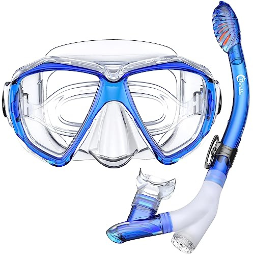 Dorlle Schnorchelset Schnorcheln Set mit Schnorchel und Taucherbrille，wasserdichte Tauchmaske Anti-Fog Anti-Leck aus Gehärtetem Glas，mit 3-Kanal Premium Dry Schnorchel für Erwachsene,Klar/blau