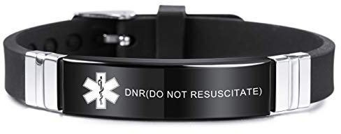MOWOM Medical Braccialetto Personalizzato con Incisione in Silicone identificativo Regolabile per Uomo Donna Bambini in Acciaio Inossidabile Gomma- (Nero DNR(Do Not Resuscitate))