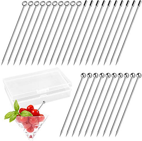 maxin Lot de 30 pics à cocktail en acier inoxydable avec boîte transparente - pour cocktails, barbecues, décorations de fruits (argenté)